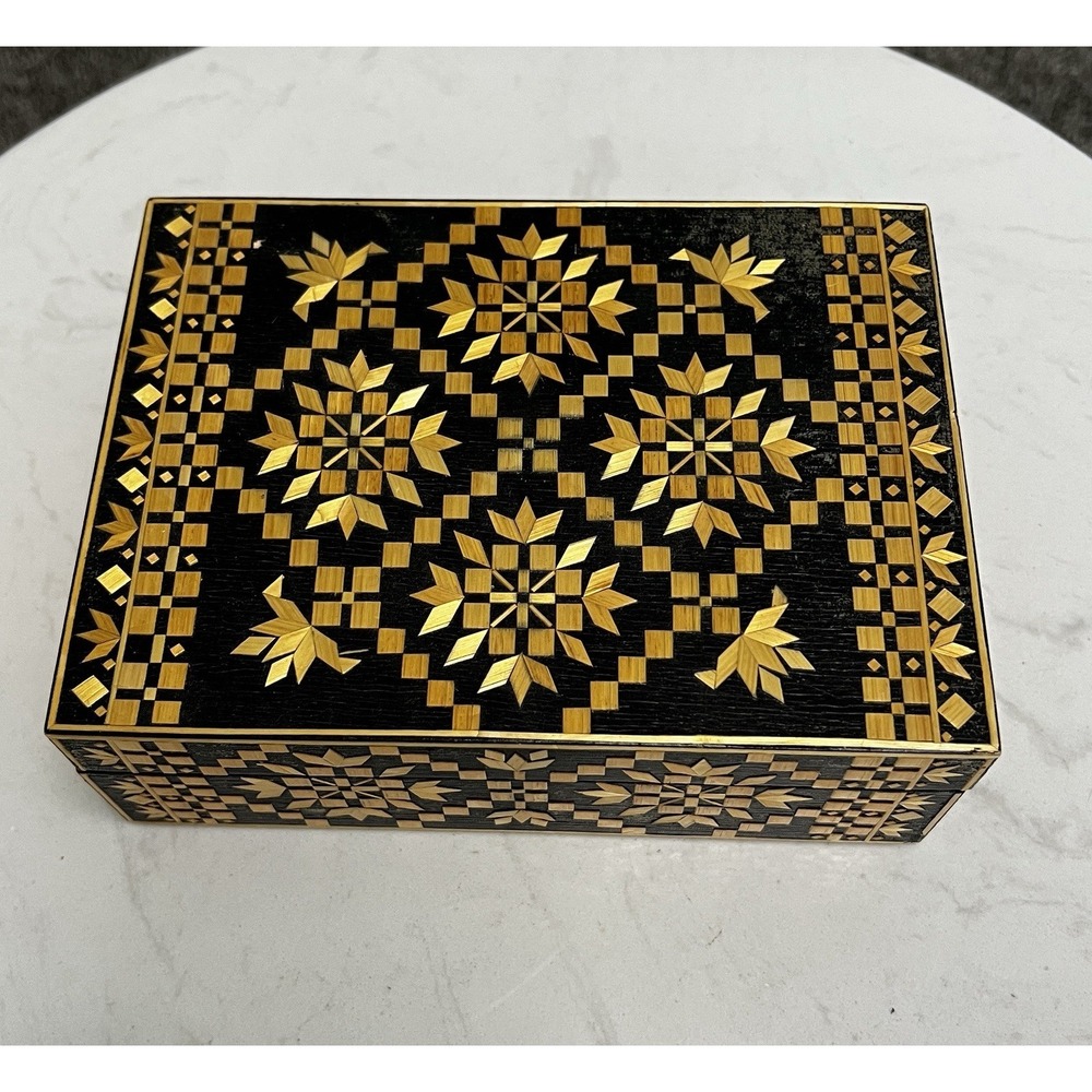 Vtg USSR Straw Marquetry Inlay Wood Jewelry Trinket Box Russia Folk Art Boho